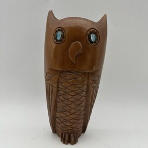 Vintage MCM Handcarved‎ Wood Brown Owl Figurine W/ Blue Marble Eyes 9.5" Tall